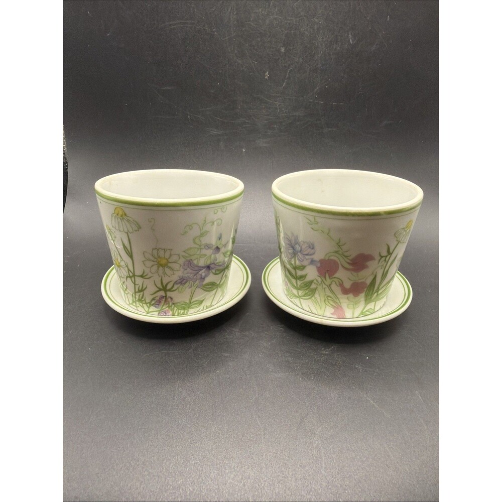 Pair Of FITZ AND FLOYD Hand Painted FLORAL Flower Pots Country Garden Set Of 2